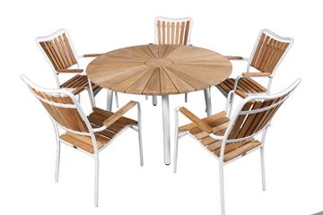 Teak ø130 cm hagebord med 5 stoler, hvit aluminiumsramme.